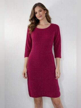 T/O Pink Knit Dress Size Medium Fitted 3/4 Sleeve Chic